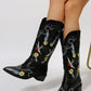 Embroidered Point Toe Block Heel Boots