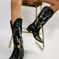 Embroidered Point Toe Block Heel Boots