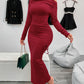Drawstring Textured Long Sleeve Wrap Dress