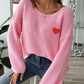 Heart Boat Neck Dropped Shoulder Sweater